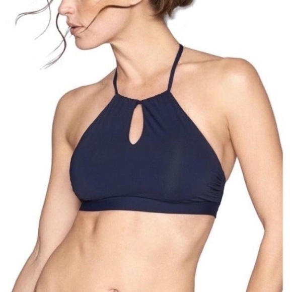 Athleta High-Neck Keyhole Halter Adjustable Tie Bikini Top in Navy Blue sz XS - Picture 1 of 6